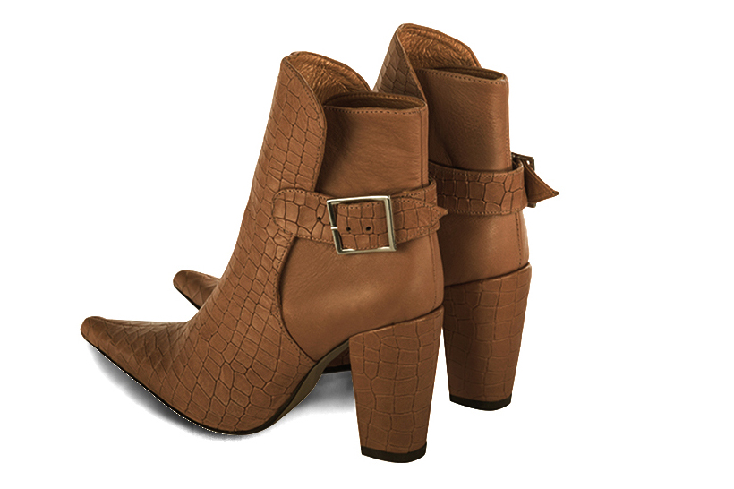 Caramel brown women's ankle boots with buckles at the back. Pointed toe. High block heels. Rear view - Florence KOOIJMAN